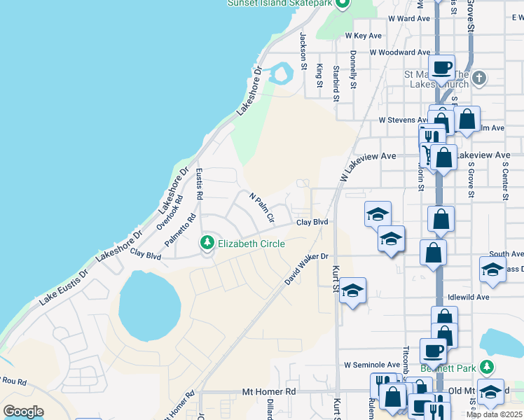 map of restaurants, bars, coffee shops, grocery stores, and more near 1036 North Palm Circle in Eustis