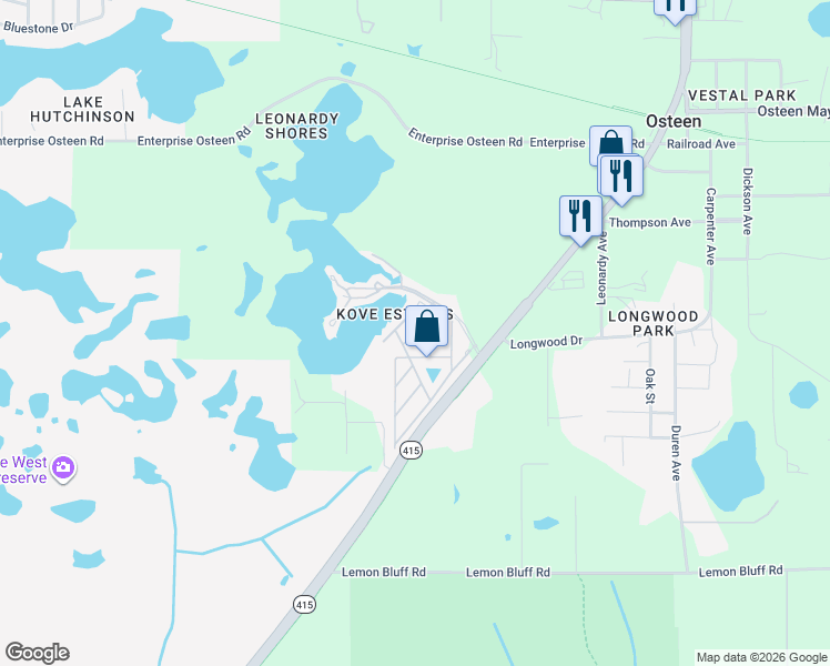 map of restaurants, bars, coffee shops, grocery stores, and more near 1003 Blue Jay Place in Osteen