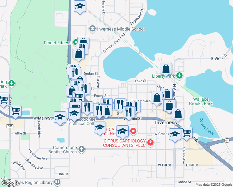 map of restaurants, bars, coffee shops, grocery stores, and more near 223 Cherry Avenue in Inverness