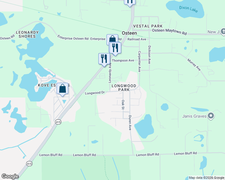 map of restaurants, bars, coffee shops, grocery stores, and more near 216 Longwood Drive in Osteen