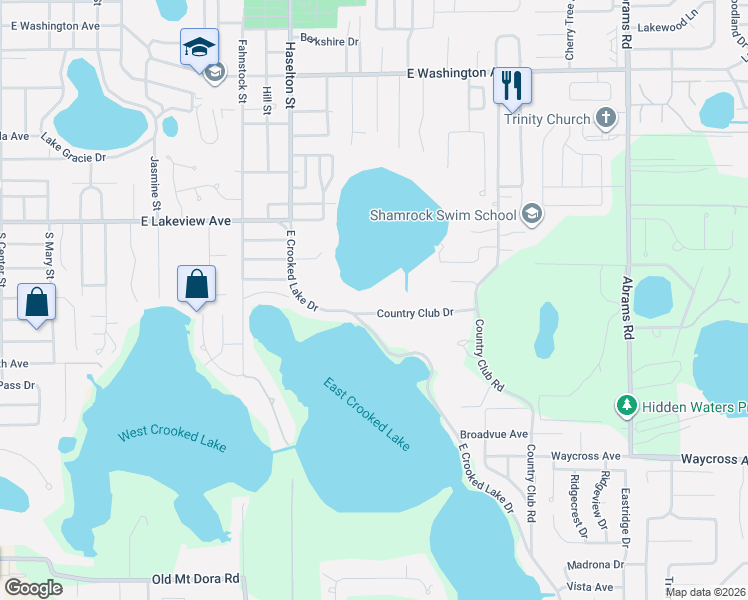 map of restaurants, bars, coffee shops, grocery stores, and more near 1901 Country Club Drive in Eustis