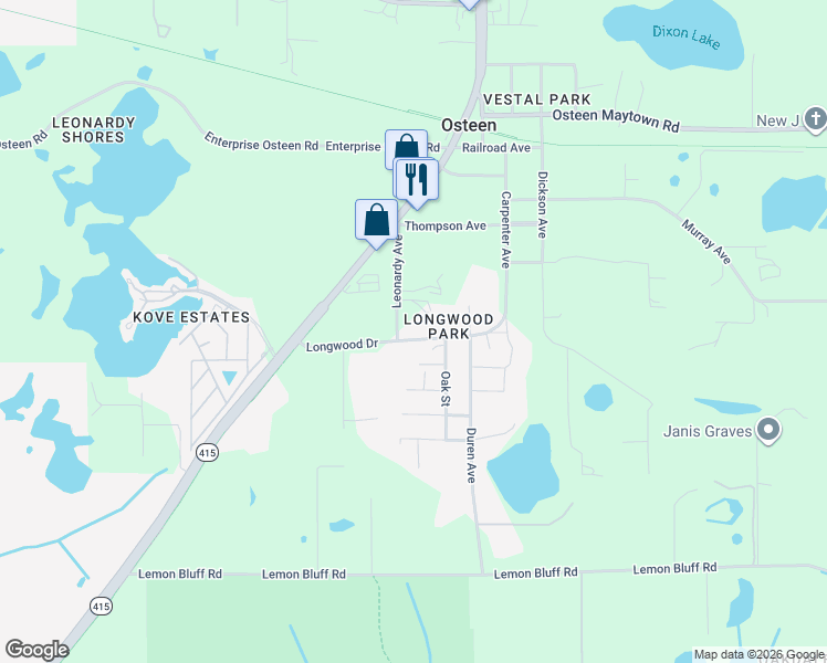 map of restaurants, bars, coffee shops, grocery stores, and more near 216 Longwood Drive in Osteen