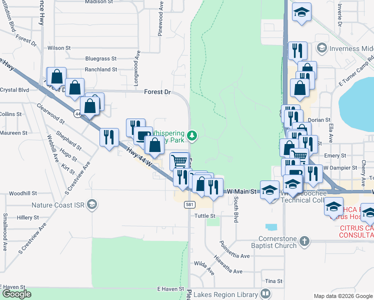 map of restaurants, bars, coffee shops, grocery stores, and more near 1801 Silverwood Street in Inverness