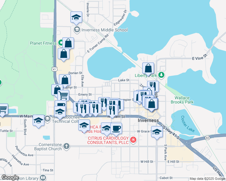 map of restaurants, bars, coffee shops, grocery stores, and more near 210 North Line Avenue in Inverness