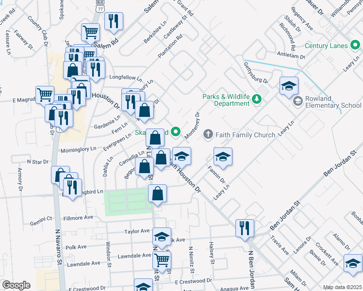map of restaurants, bars, coffee shops, grocery stores, and more near 109 Monterrey Drive in Victoria