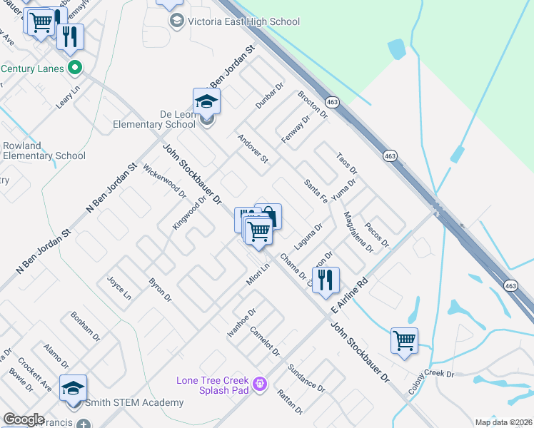 map of restaurants, bars, coffee shops, grocery stores, and more near 406 Navajo Drive in Victoria