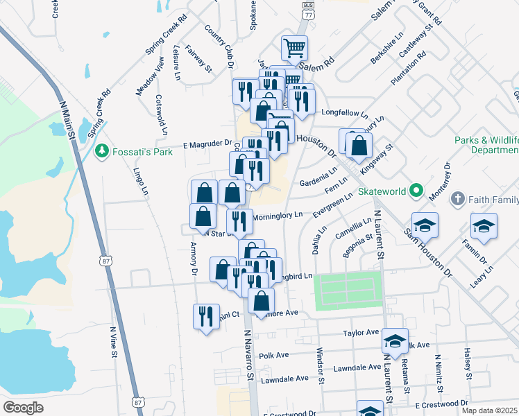 map of restaurants, bars, coffee shops, grocery stores, and more near 601 Morninglory Lane in Victoria