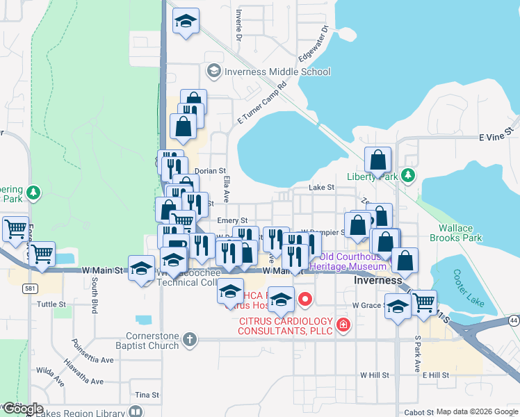 map of restaurants, bars, coffee shops, grocery stores, and more near 223 Cherry Avenue in Inverness