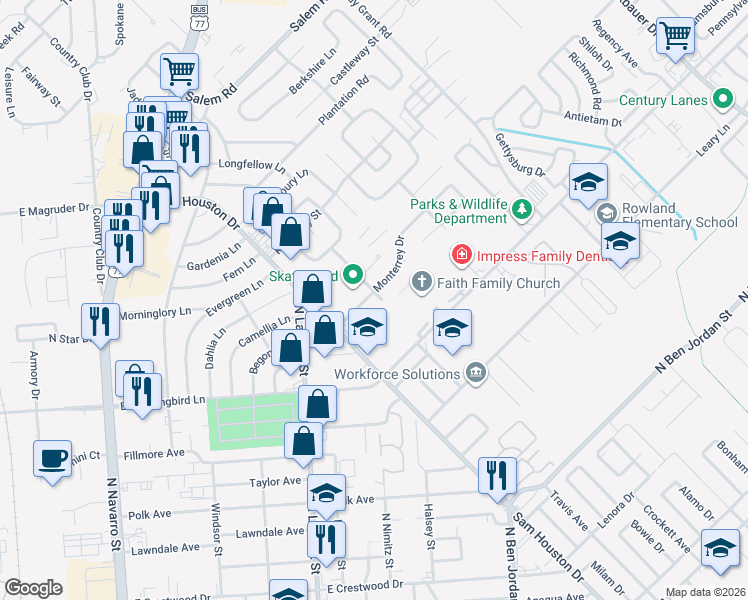 map of restaurants, bars, coffee shops, grocery stores, and more near 111 Monterrey Drive in Victoria