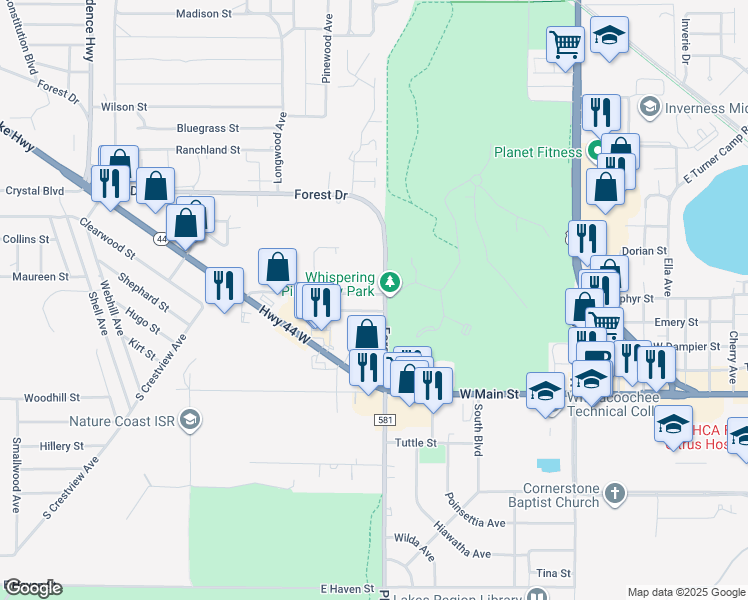 map of restaurants, bars, coffee shops, grocery stores, and more near 1805 Colonade Street in Inverness