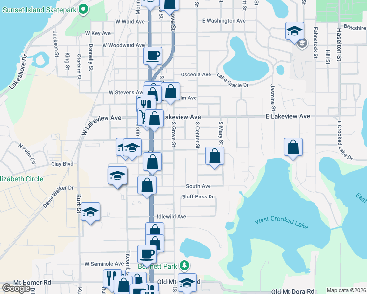 map of restaurants, bars, coffee shops, grocery stores, and more near 302 East Barnes Avenue in Eustis
