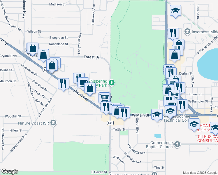 map of restaurants, bars, coffee shops, grocery stores, and more near 1801 Silverwood Street in Inverness