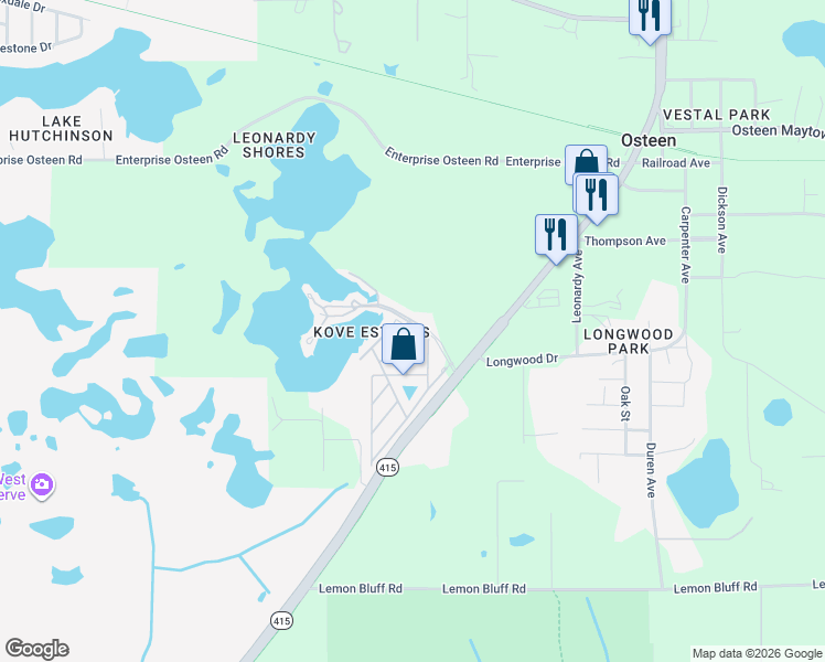 map of restaurants, bars, coffee shops, grocery stores, and more near 1003 Blue Jay Place in Osteen