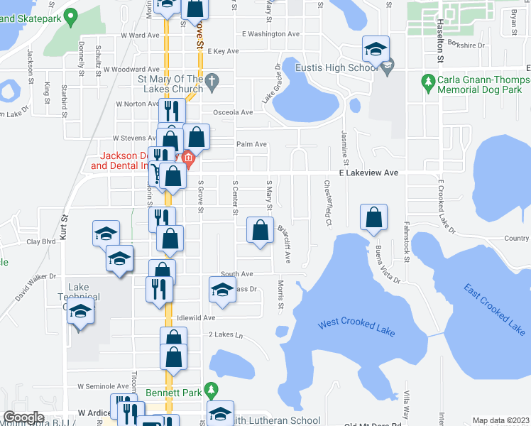 map of restaurants, bars, coffee shops, grocery stores, and more near 1410 South Mary Street in Eustis