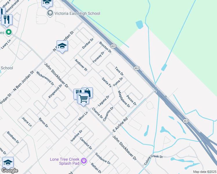 map of restaurants, bars, coffee shops, grocery stores, and more near 1015 Taos Drive in Victoria