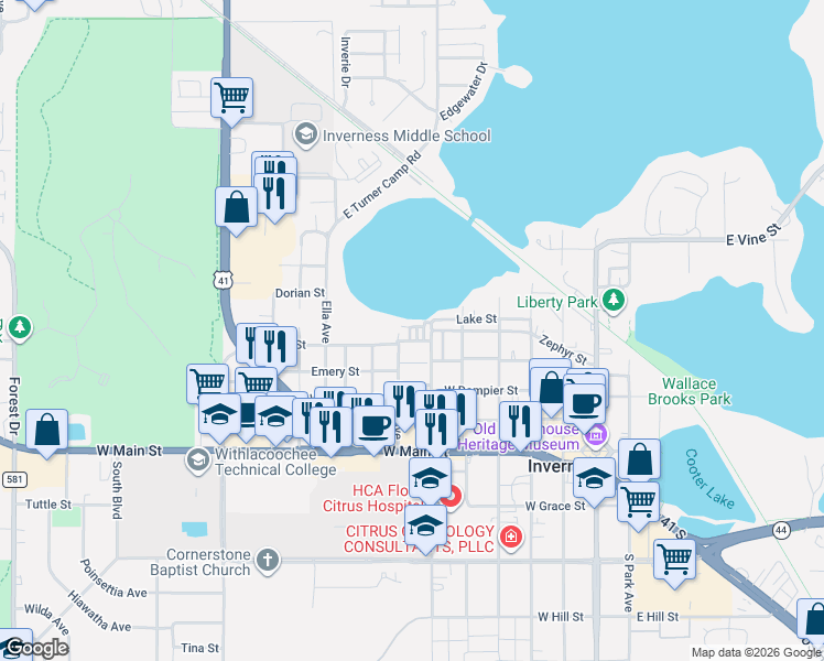 map of restaurants, bars, coffee shops, grocery stores, and more near 301 Cherry Avenue in Inverness