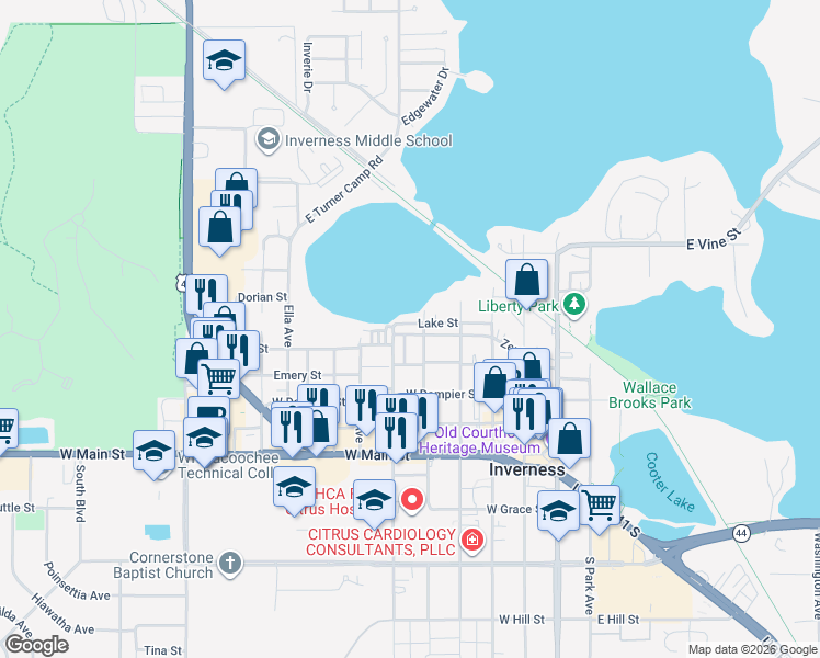 map of restaurants, bars, coffee shops, grocery stores, and more near 510-582 Lake St in Inverness