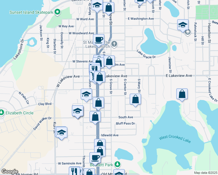 map of restaurants, bars, coffee shops, grocery stores, and more near 1330 South Grove Street in Eustis