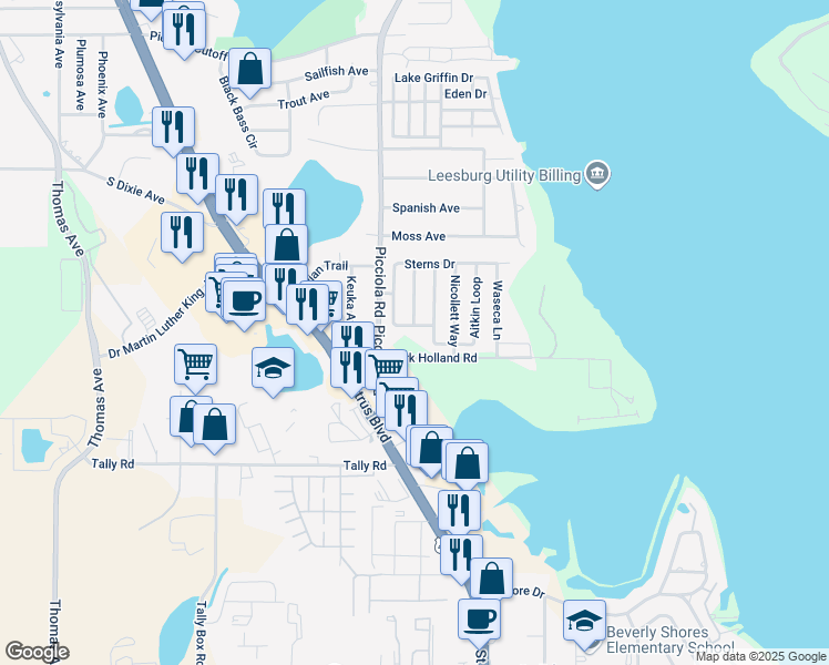 map of restaurants, bars, coffee shops, grocery stores, and more near 1626 Sterns Drive in Leesburg