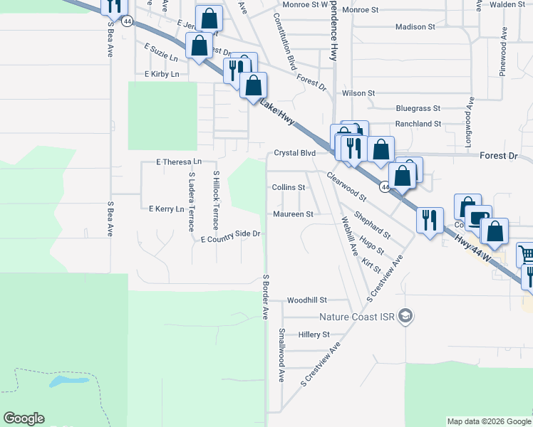 map of restaurants, bars, coffee shops, grocery stores, and more near 1529 South Border Avenue in Inverness