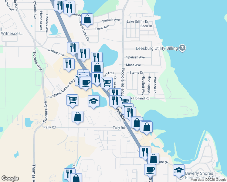 map of restaurants, bars, coffee shops, grocery stores, and more near 2109 Hialeah Avenue in Leesburg