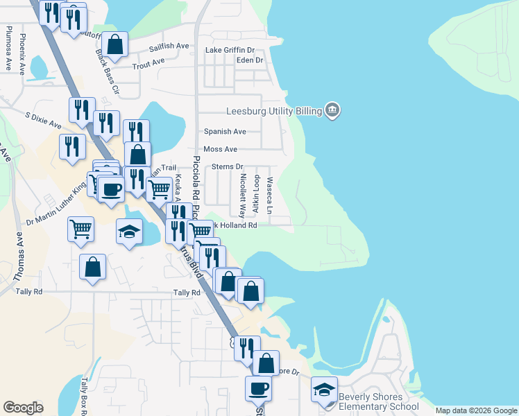 map of restaurants, bars, coffee shops, grocery stores, and more near 2129 Aitkin Loop in Leesburg
