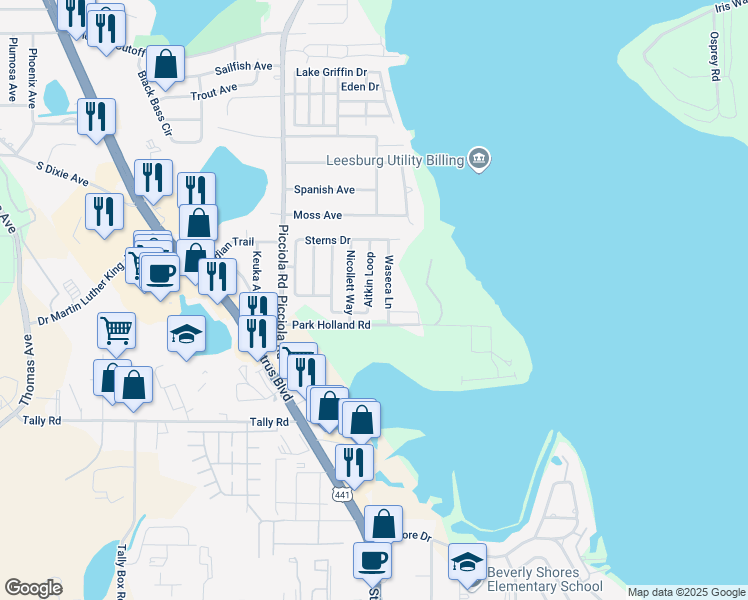 map of restaurants, bars, coffee shops, grocery stores, and more near 2129 Aitkin Loop in Leesburg