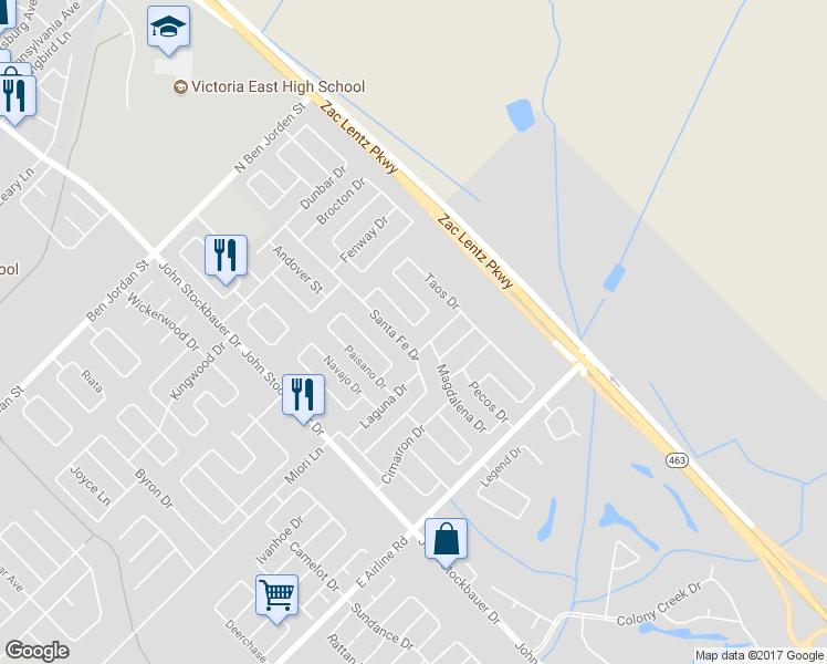 map of restaurants, bars, coffee shops, grocery stores, and more near 1015 Taos Drive in Victoria