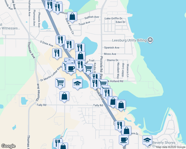 map of restaurants, bars, coffee shops, grocery stores, and more near 2109 Hialeah Avenue in Leesburg