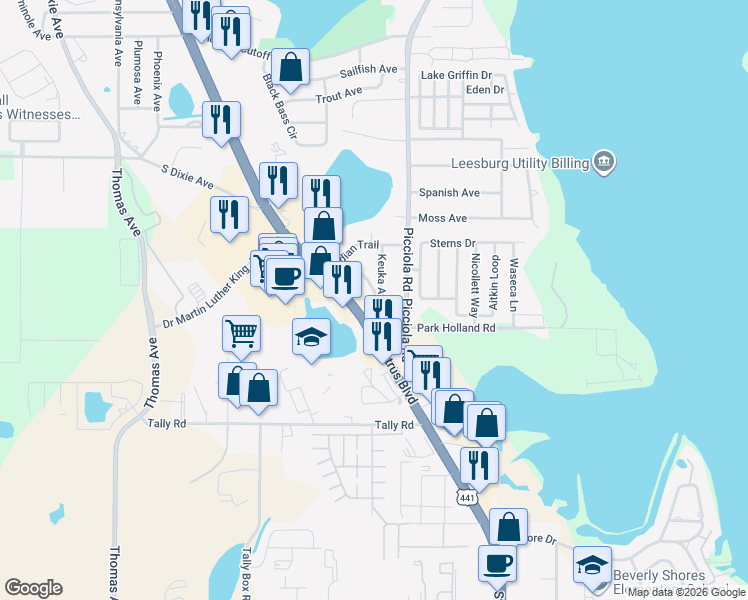 map of restaurants, bars, coffee shops, grocery stores, and more near 2109 Hialeah Avenue in Leesburg