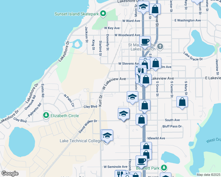 map of restaurants, bars, coffee shops, grocery stores, and more near 300 West Atwater Avenue in Eustis