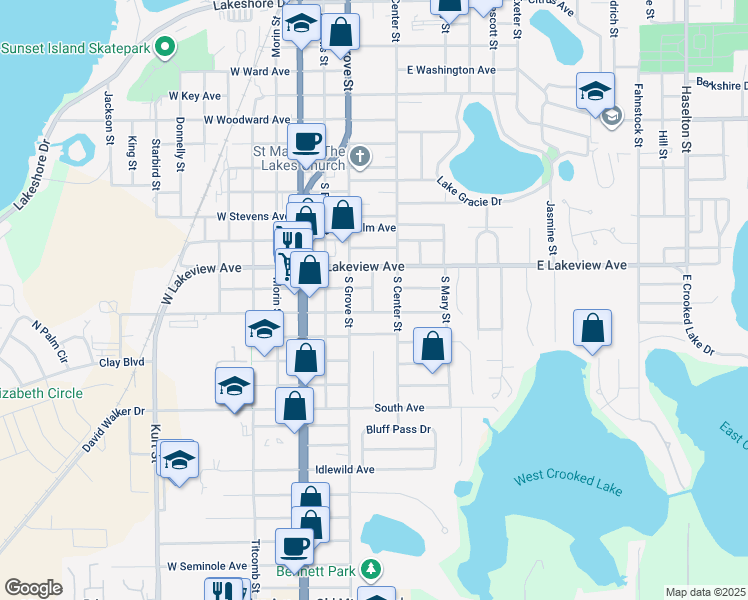 map of restaurants, bars, coffee shops, grocery stores, and more near 1305 South Dewey Street in Eustis