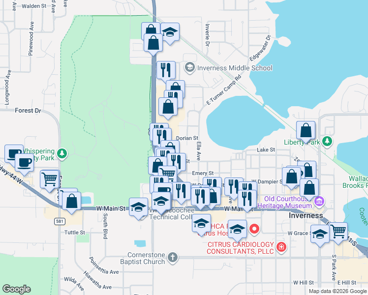 map of restaurants, bars, coffee shops, grocery stores, and more near 315 Davidson Avenue in Inverness