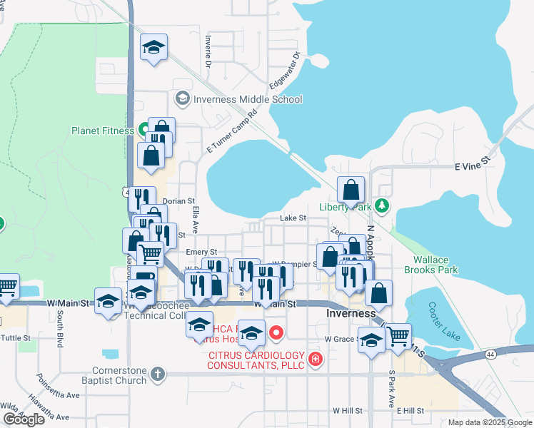 map of restaurants, bars, coffee shops, grocery stores, and more near 510 Lake Street in Inverness
