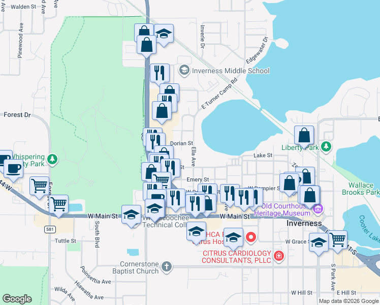map of restaurants, bars, coffee shops, grocery stores, and more near 317 Ella Avenue in Inverness