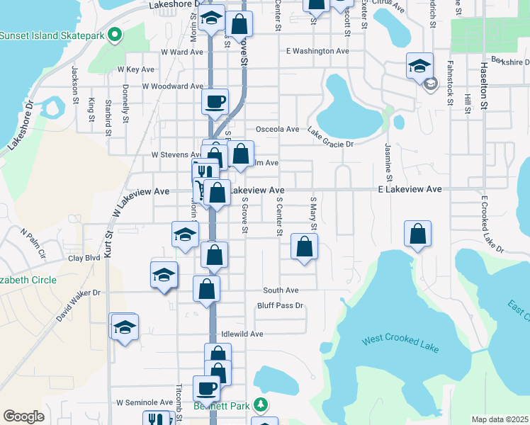 map of restaurants, bars, coffee shops, grocery stores, and more near 1303 South Dewey Street in Eustis