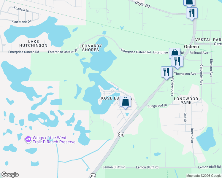 map of restaurants, bars, coffee shops, grocery stores, and more near 108 Kove Boulevard in Osteen