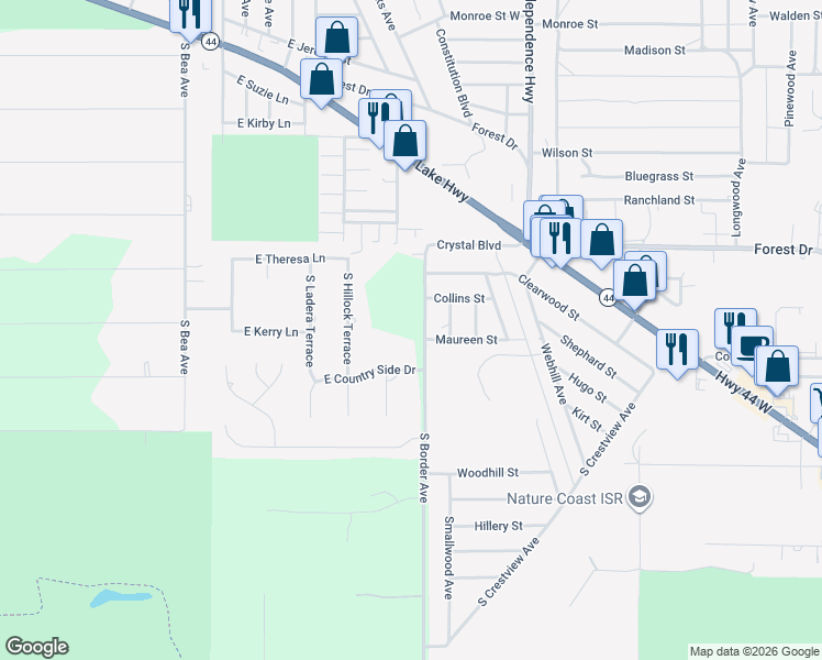 map of restaurants, bars, coffee shops, grocery stores, and more near 1529 South Border Avenue in Inverness
