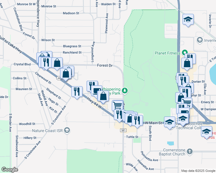 map of restaurants, bars, coffee shops, grocery stores, and more near 1800 Colonade Street in Inverness