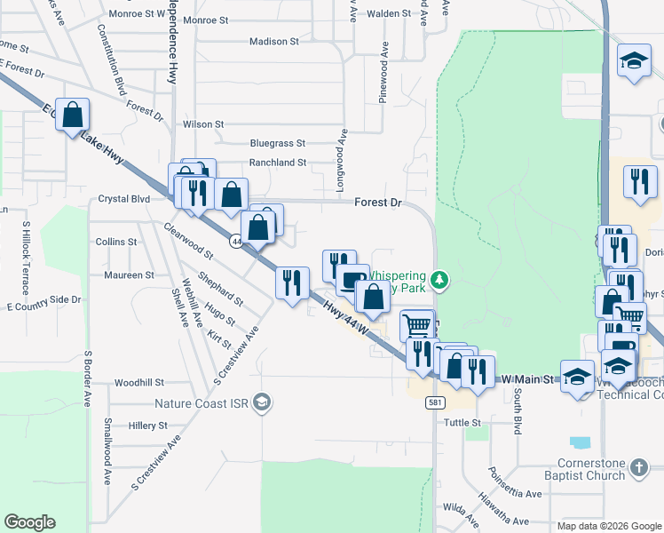 map of restaurants, bars, coffee shops, grocery stores, and more near 2110 Colonade Street in Inverness