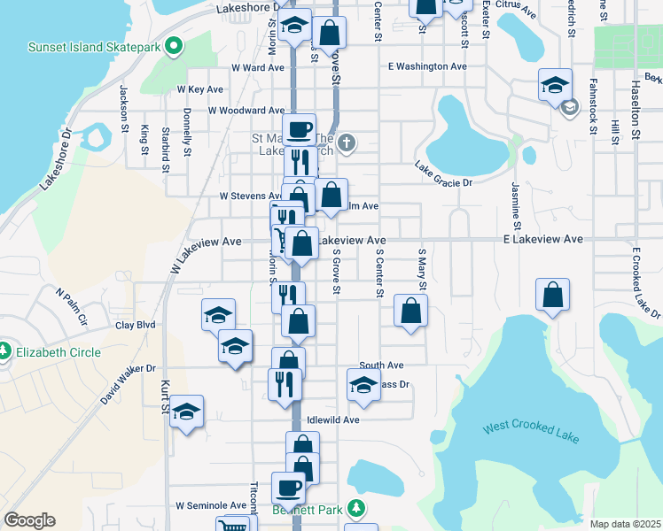 map of restaurants, bars, coffee shops, grocery stores, and more near 1330 South Grove Street in Eustis