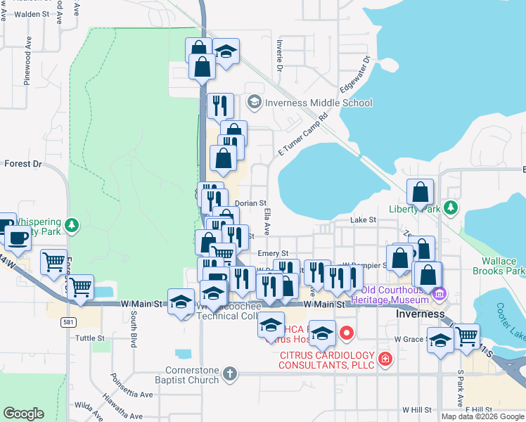 map of restaurants, bars, coffee shops, grocery stores, and more near 317 Ella Avenue in Inverness