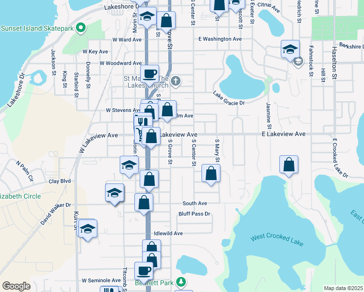 map of restaurants, bars, coffee shops, grocery stores, and more near 1305 South Dewey Street in Eustis