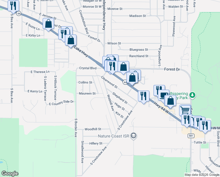 map of restaurants, bars, coffee shops, grocery stores, and more near 2612 Shephard Street in Inverness