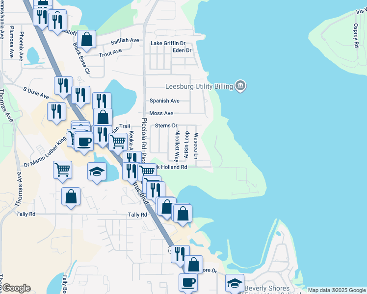 map of restaurants, bars, coffee shops, grocery stores, and more near 2122 Aitkin Loop in Leesburg