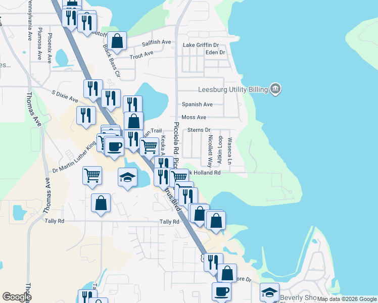 map of restaurants, bars, coffee shops, grocery stores, and more near 2123 Anoka Way in Leesburg