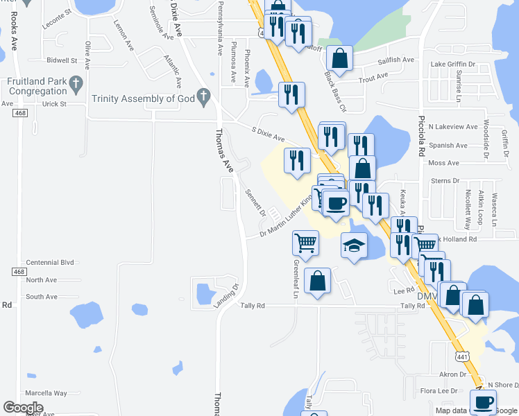 map of restaurants, bars, coffee shops, grocery stores, and more near Sennett Drive in Leesburg