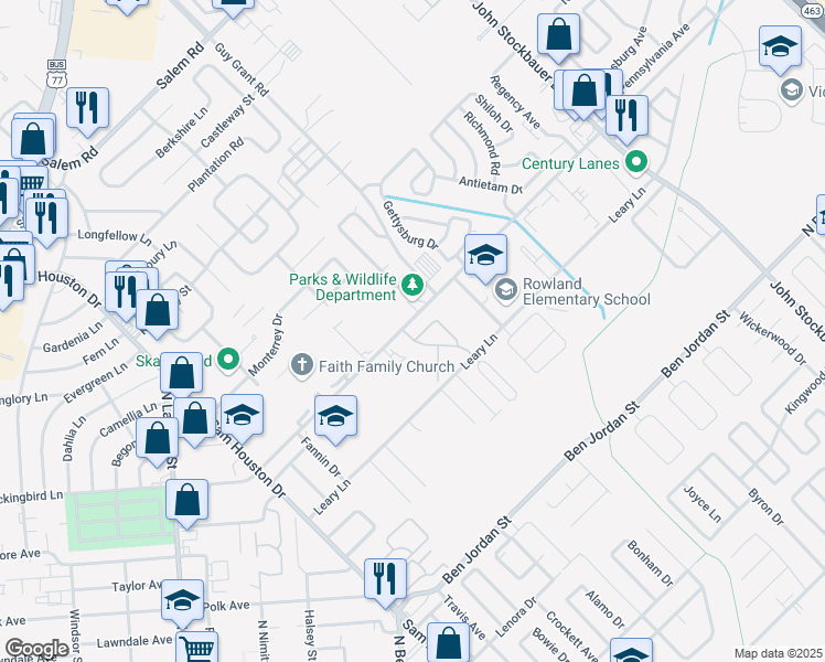map of restaurants, bars, coffee shops, grocery stores, and more near 2501 East Mockingbird Lane in Victoria