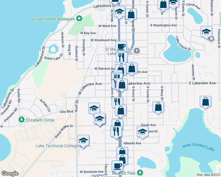 map of restaurants, bars, coffee shops, grocery stores, and more near 1220 Morin Street in Eustis