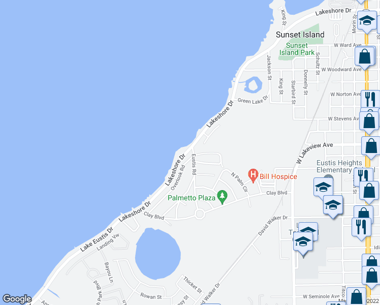 map of restaurants, bars, coffee shops, grocery stores, and more near 1200 Overlook Road in Eustis